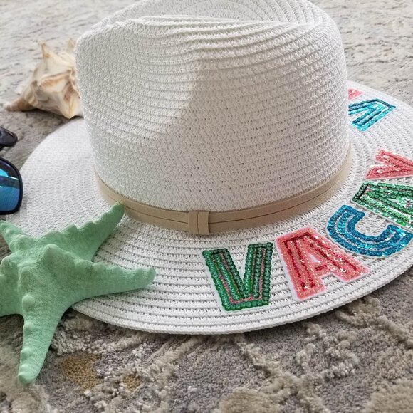 White Straw Hat with Colorful 'Vacay Vibes' Embroidery - Picture 4 of 8